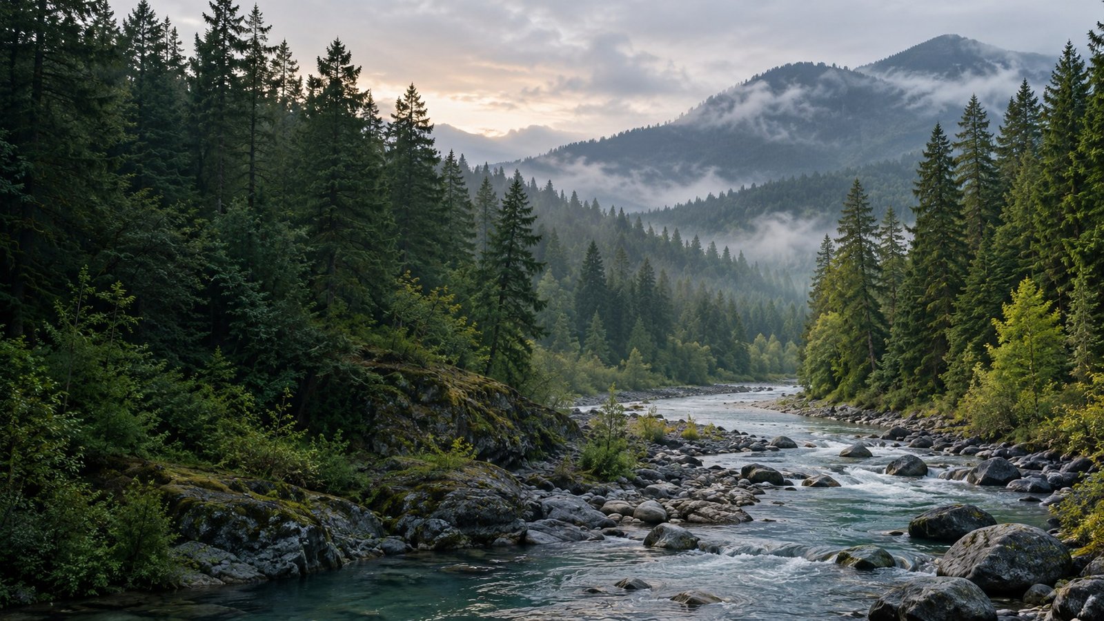 A river winding through evergreen forests and misty Pacific Northwest mountains